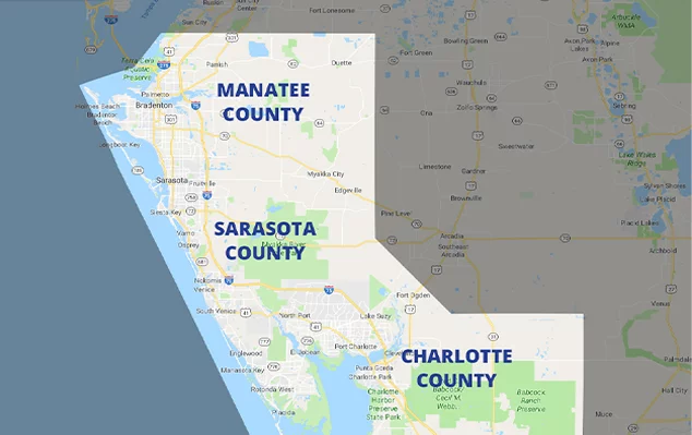 A map with our service area in Manatee, Sarasota, and Charlotte counties